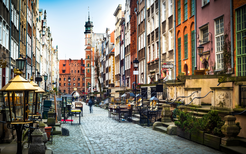 Beautiful polish street with interesting architecture. Poland is a great destination for tourists.
