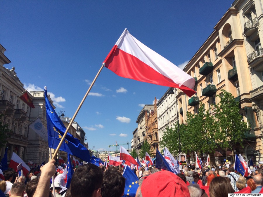 Polish and European Union flags at the parade on the occasion of Poland regaining independence.