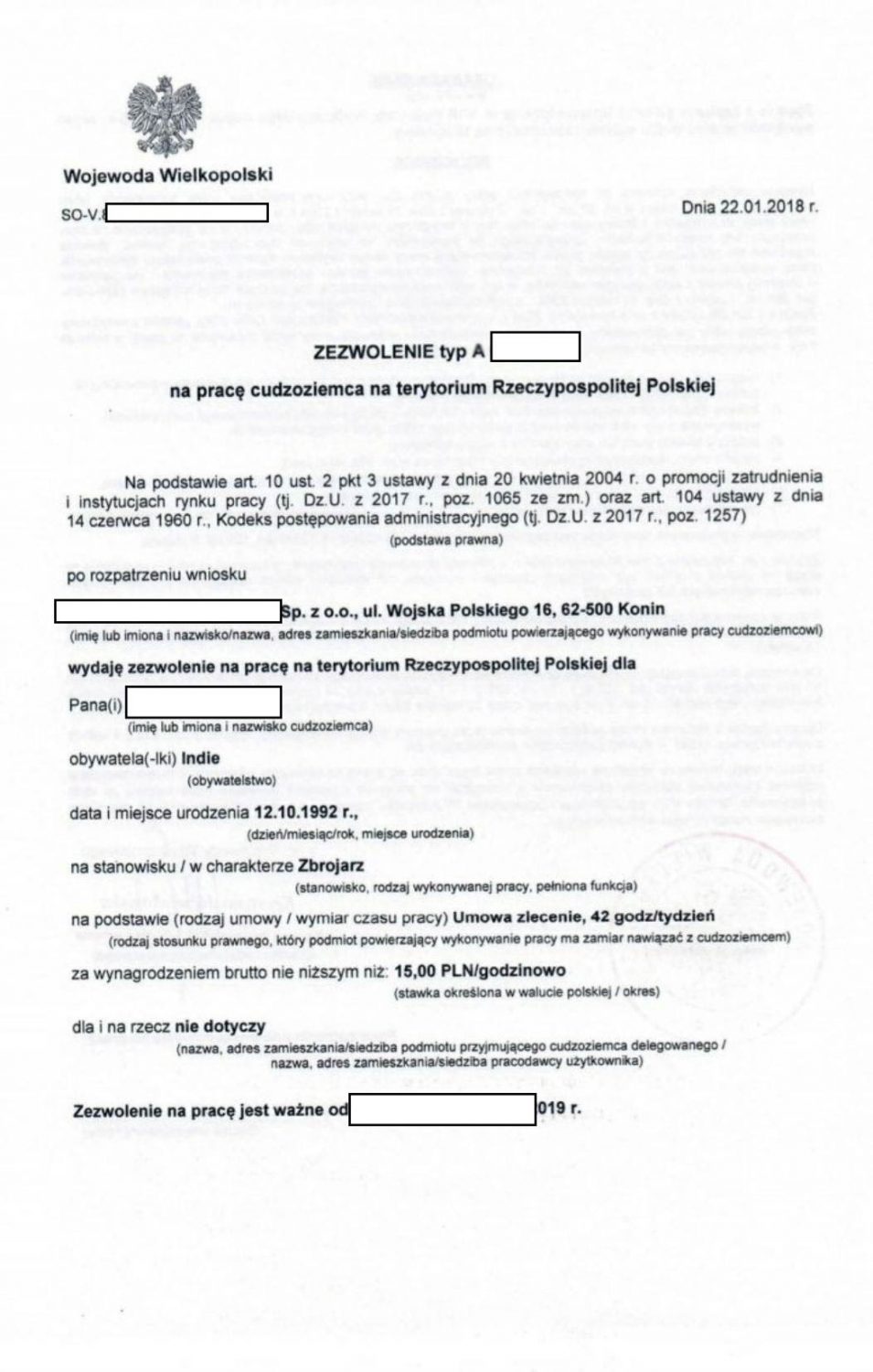 A sample work permit document from Poland that foreigners must have in order to be able to work legally in this country.