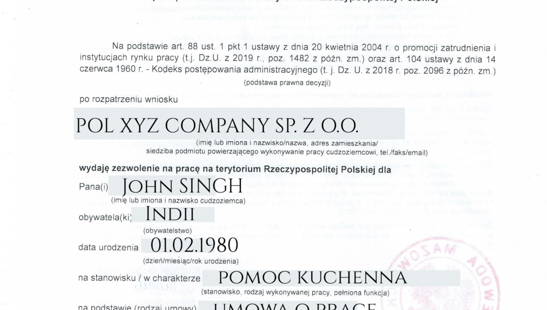 Document Of Work Permit In Poland Type A Explain With Sample